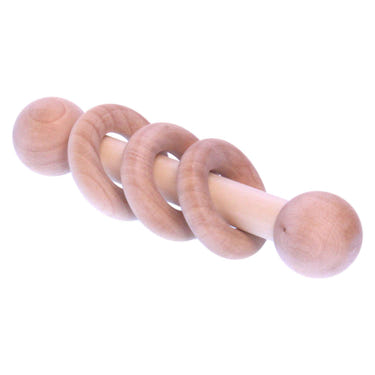 Amish-made wooden 3-ring baby rattle toy, unfinished wood, 3-4 inches long, perfect for infants.