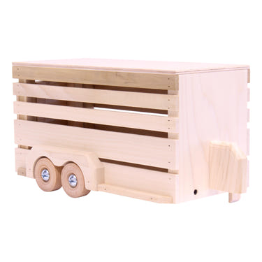 Amish-made unfinished wooden horse trailer toy for kids, perfect for imaginative play and eco-friendly fun.
