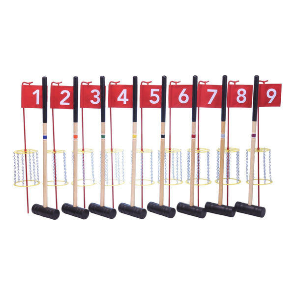 Amish-Made Deluxe Flag Croquet Golf Game Set with Duffel Bag, perfect for outdoor family fun and sports activities.