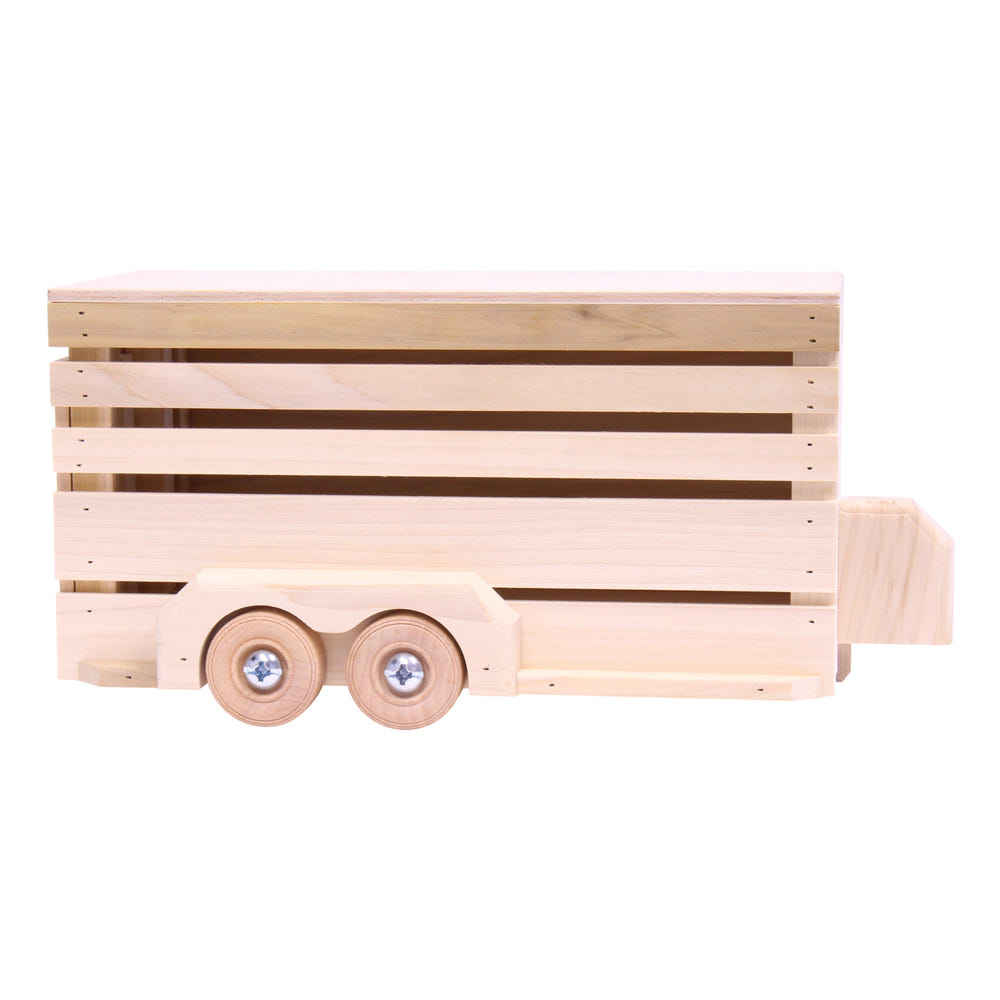 Amish-made unfinished wooden horse trailer toy for kids, perfect for imaginative play and eco-friendly fun.