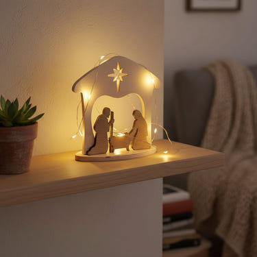 Wooden Manger Scene Nativity Set for Christmas, perfect for mantel or shelf decor.