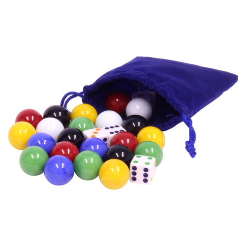 Large glass marbles and dice set for kids' games and puzzles, featuring 24 marbles and 6 dice in a game bag.
