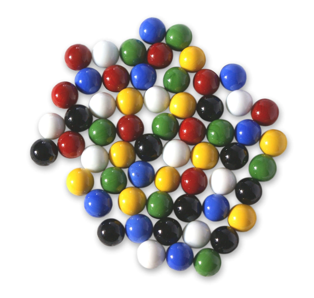 Bag of 60 glass marbles for Chinese checkers, 5/8" diameter, perfect for games and puzzles.