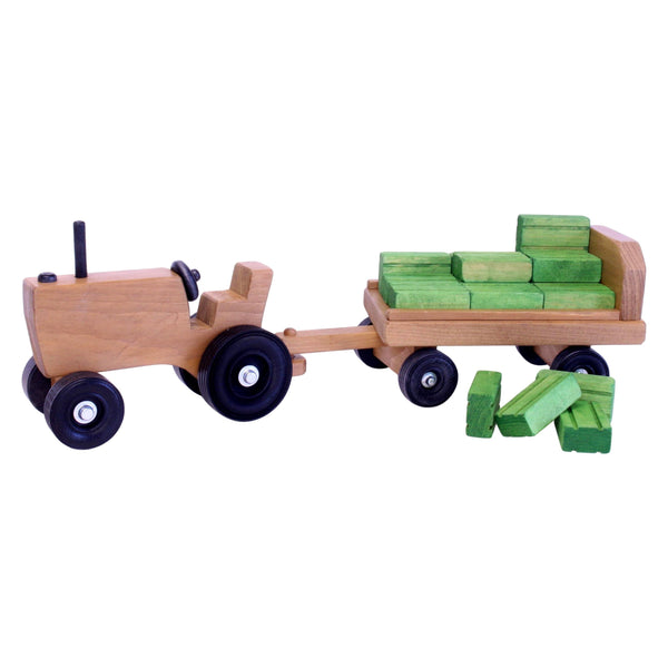 Amish-made wooden toy tractor and wagon set with hay bales, perfect for imaginative play. Angle view 10.