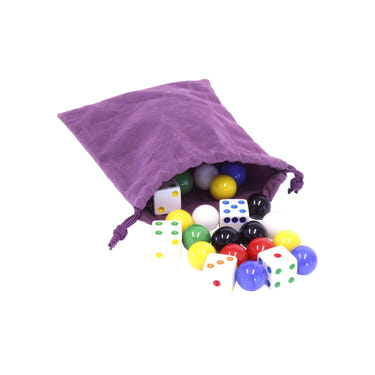 Bag of 24 colorful glass marbles and 6 dice for Aggravation game, perfect for fun family game nights.
