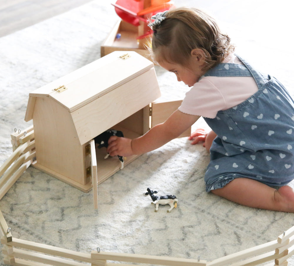 Mini Wooden Barn Toy with Hip Roof, Amish-Made, perfect for imaginative play and early childhood development.