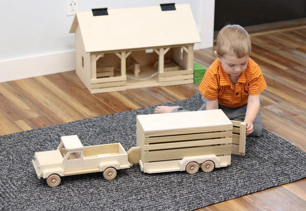 Amish-Made Wooden Pickup & Horse Trailer Toy Set, Unfinished
