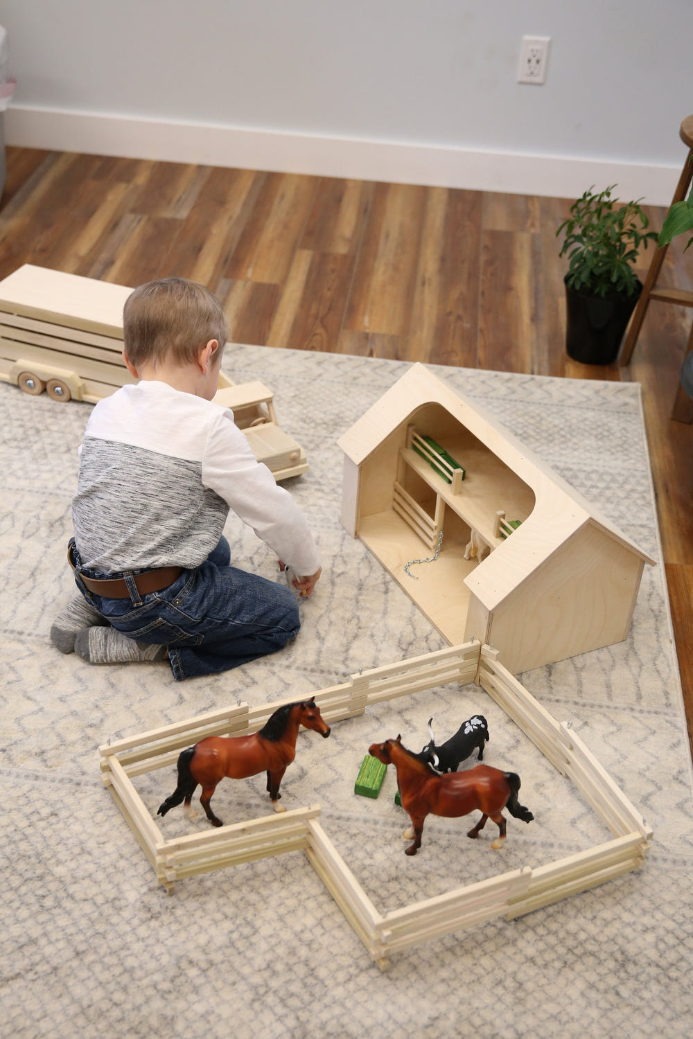 Wooden Folding Corral Fence Toy, Amish-made, unfinished wood, perfect for imaginative play and safe for babies.
