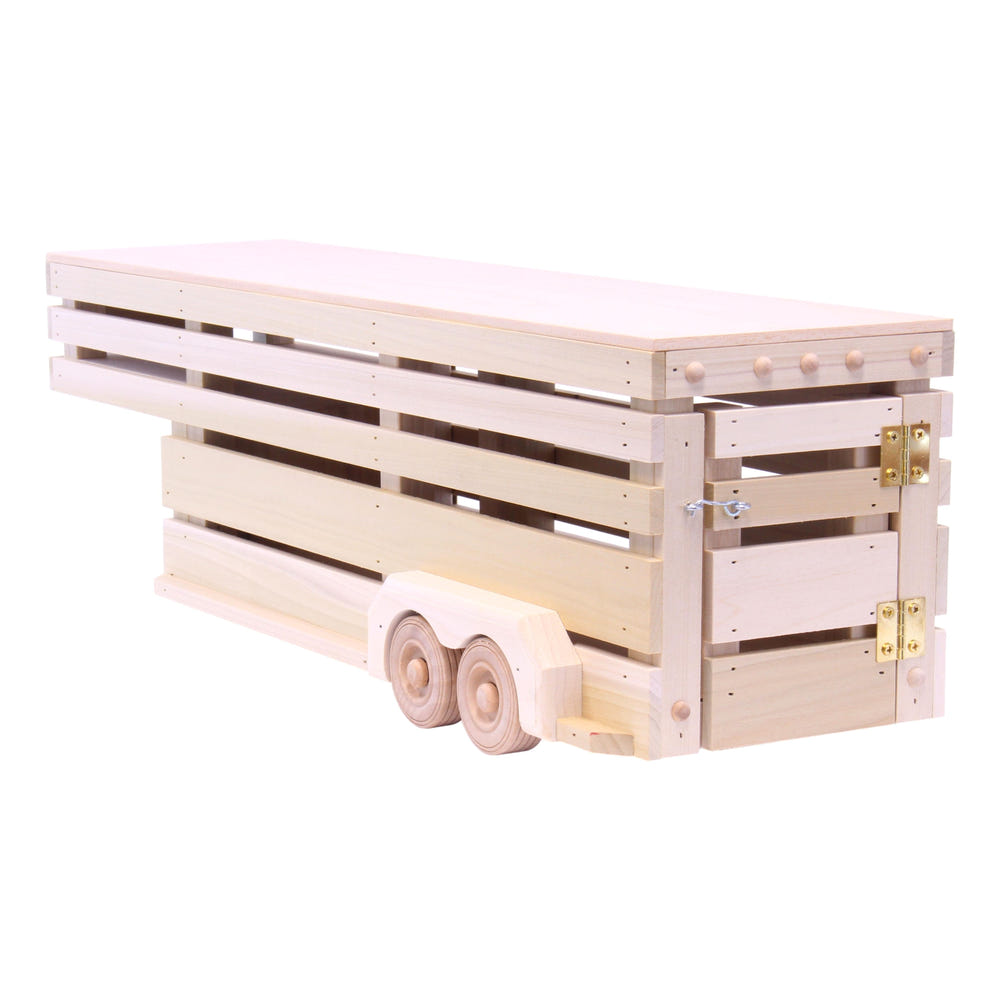Amish-made wooden gooseneck livestock trailer toy for imaginative play and early development.