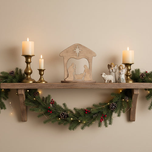 Wooden manger scene nativity set, perfect for Christmas mantel or shelf decor, showcased from an angled view.