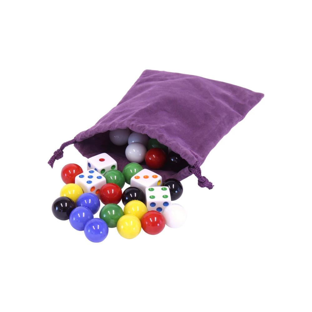 Bag of 24 colorful glass marbles and 6 dice for Aggravation game, perfect for fun family game nights.