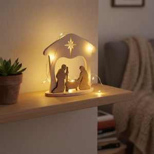 Wooden Manger Scene, One-Piece Nativity Set for Mantel or Shelf