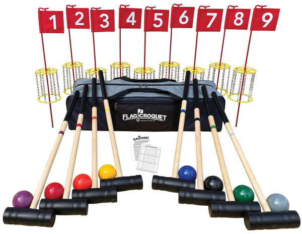 Amish-Made Deluxe Flag Croquet Golf Game Set with Duffel Bag for outdoor fun and family play.