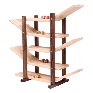 Amish-made handcrafted wooden car roller racetrack toy for babies, showcasing vibrant colors and smooth curves.