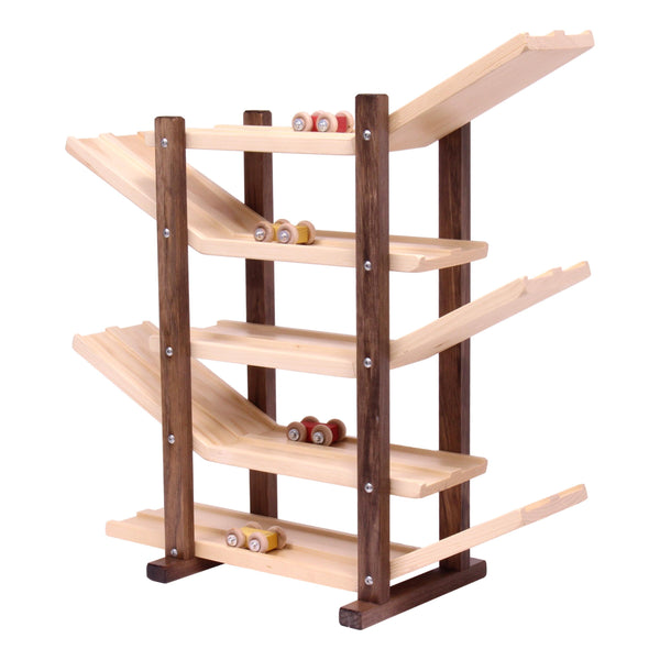 Amish-made handcrafted wooden car roller racetrack toy for babies, showcasing vibrant colors and smooth curves.