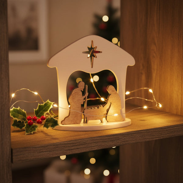 Wooden Nativity Set for Christmas, one-piece manger scene for mantel or shelf display, angle view 4.