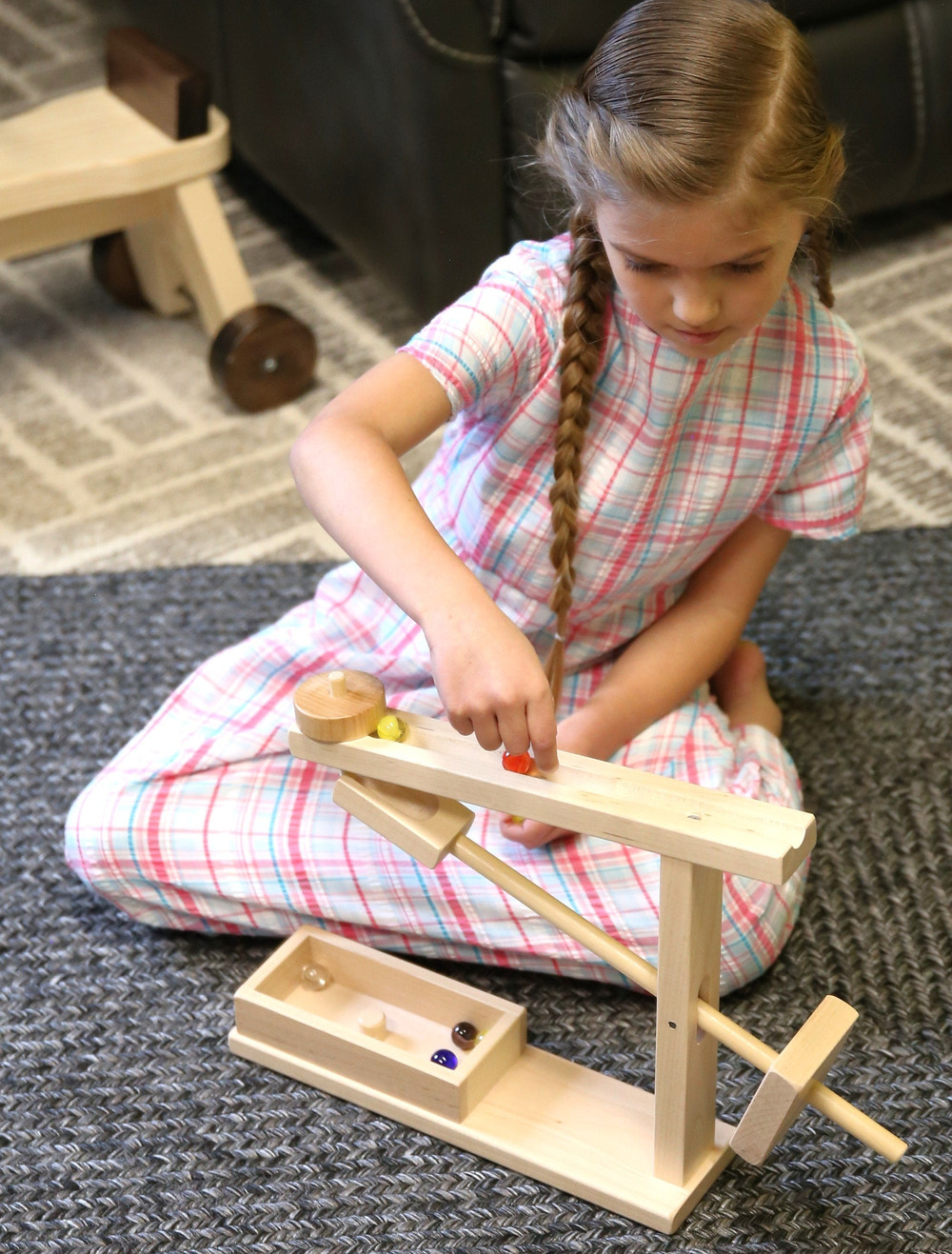 Amish-Made Wooden Marble Roller Machine Toy, Child-Safe Maple/Walnut Finish