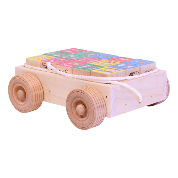 Amish-Made Wooden ABC Block Toddler Pull-String Wagon Toy
