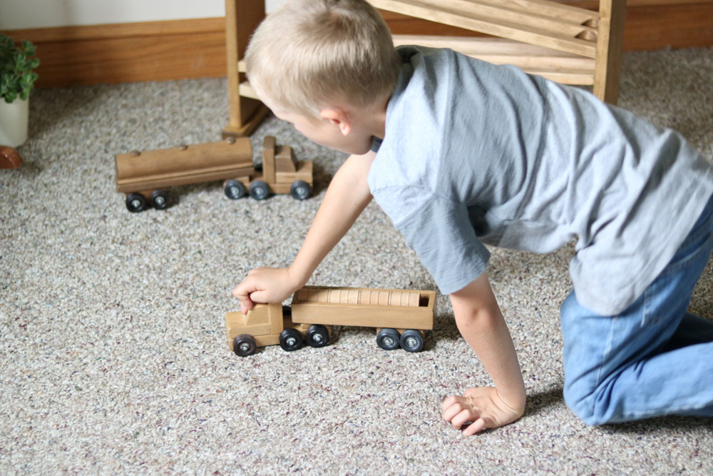 Wooden Barrel Truck Toy With Removable Wood Barrels, Child-Safe Harvest Stain Finish