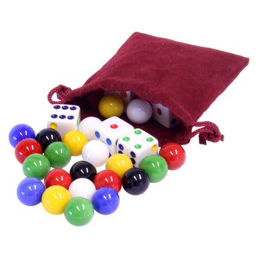 Game bag with 24 glass marbles and 6 dice for Aggravation game, perfect for family fun and entertainment.