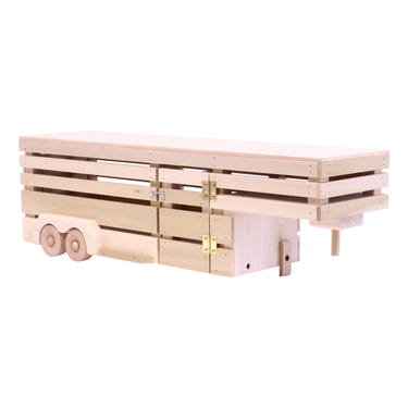 Amish-made wooden gooseneck livestock trailer toy for imaginative play and early development.