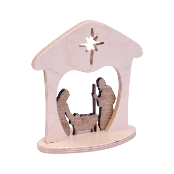 Wooden manger scene nativity set for Christmas, perfect for mantel or shelf decor. Angle 6 view.