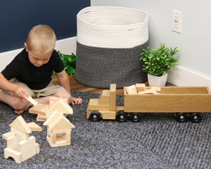 Large Semi Truck and Trailer Wooden Toy Set - with 30 Building Blocks