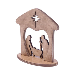 Wooden manger scene nativity set for Christmas, perfect for mantel or shelf display, shown at angle 3.