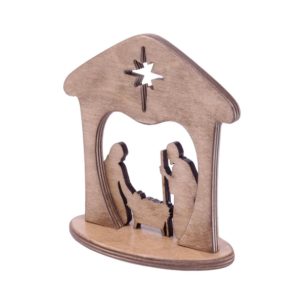Wooden manger scene nativity set for Christmas, perfect for mantel or shelf display, shown at angle 3.