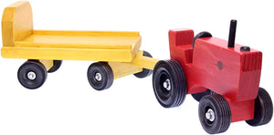 Amish-made wooden toy tractor and wagon set with hay bales, perfect for imaginative play.