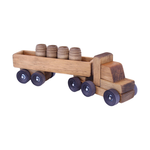 Wooden Barrel Truck Toy With Removable Wood Barrels, Child-Safe Harvest Stain Finish