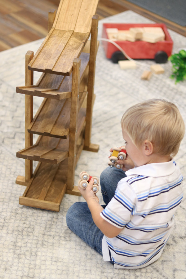 Amish-made wooden car roller racetrack toy for babies, showcasing craftsmanship and fun in angle 5 view.