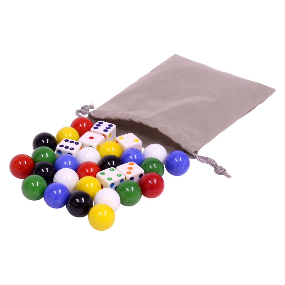 Large glass marbles and dice set for Aggravation game, includes 24 marbles (18mm) and 6 dice, perfect for family fun.