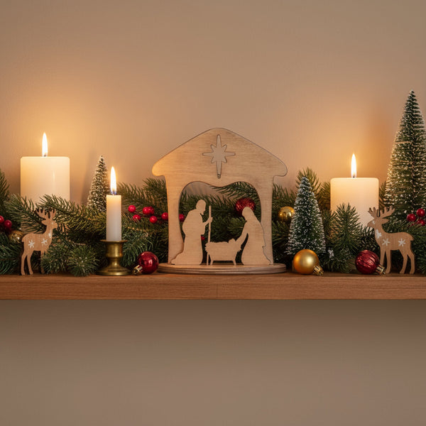 Wooden Nativity set for Christmas, one-piece manger scene for mantel or shelf display, angle view 7.