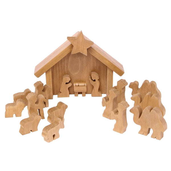 Wooden Nativity Manger Scene Set, 14 pieces, from AmishToyBox.com, showcasing a charming holiday display for kids.