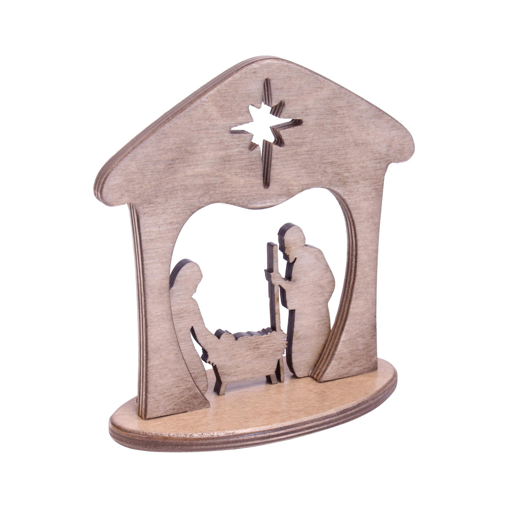 Wooden Manger Scene Nativity Set for Christmas, perfect for mantel or shelf decor.