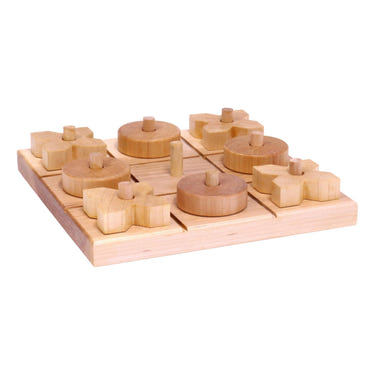 Wooden Tic Tac Toe game with 8 handcrafted X and O pieces, perfect for babies and toddlers. Amish made toy.