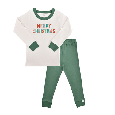 Green Merry Christmas pajamas for babies, perfect for festive holiday sleepwear.