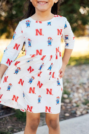 Nebraska White Herbie Husker 3/4 Sleeve Pocket Twirl Dress