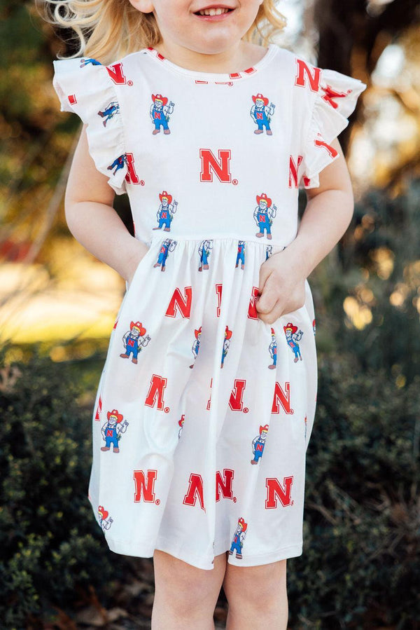 Nebraska White Herbie Husker Flutter Twirl Dress