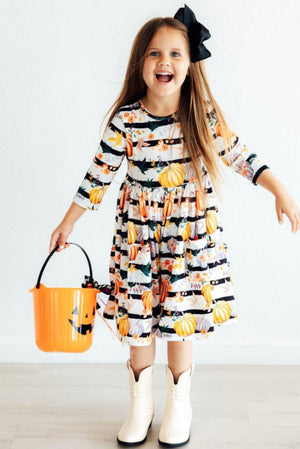 Pumpkins & Peonies 3/4 Sleeve Pocket Twirl Dress
