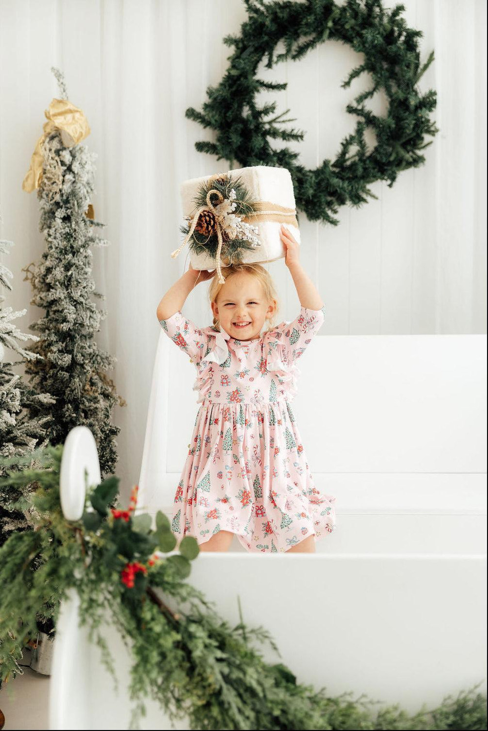 Pink Christmas 3/4 Sleeve Ruffle Twirl Dress