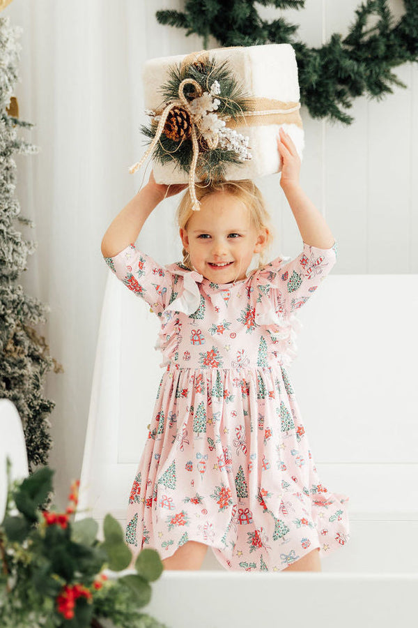 Pink Christmas 3/4 Sleeve Ruffle Twirl Dress for babies, perfect for festive occasions and holiday celebrations.