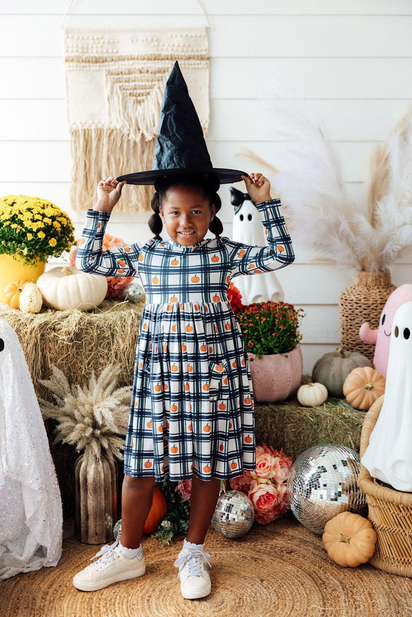 Mila & Rose Plaid Pumpkins Long Sleeve Pocket Twirl Dress