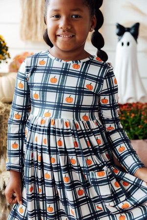 Mila & Rose Plaid Pumpkins Long Sleeve Pocket Twirl Dress