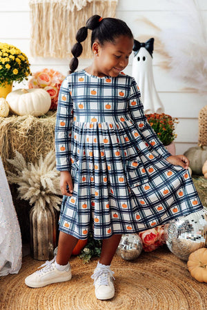 Mila & Rose Plaid Pumpkins Long Sleeve Pocket Twirl Dress