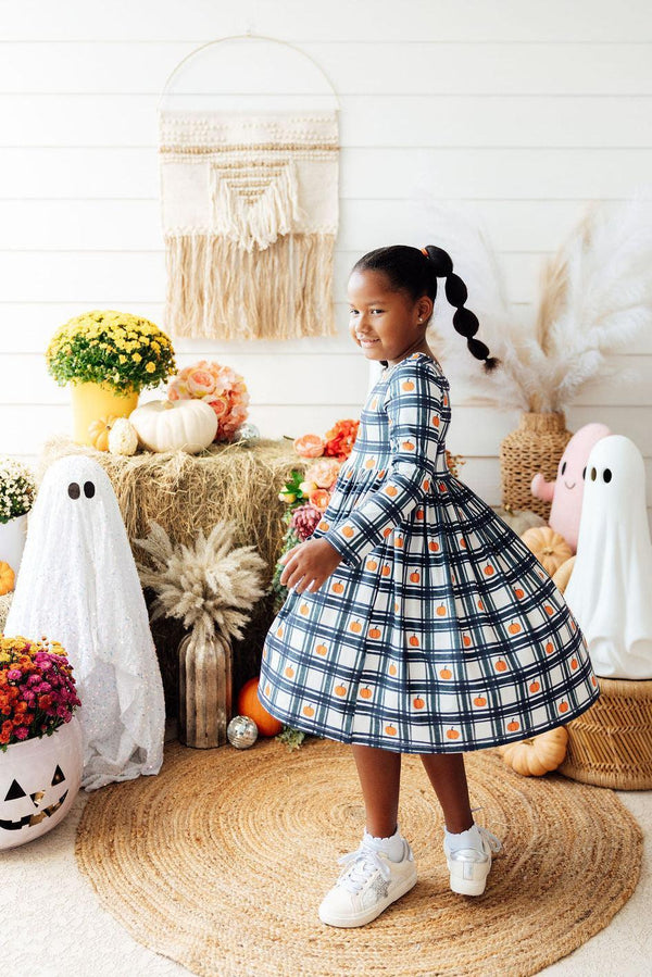 Mila & Rose Plaid Pumpkins Long Sleeve Pocket Twirl Dress