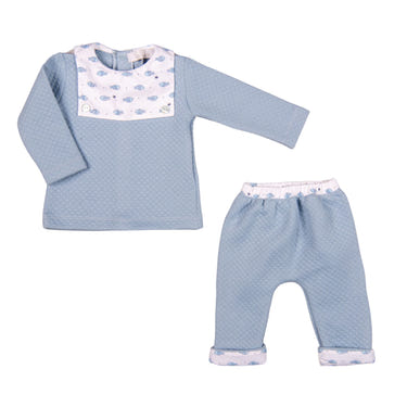 MILO Baby Boys Blue Quilted Cotton Trouser Set - Stylish and cozy ensemble for infants and toddlers.