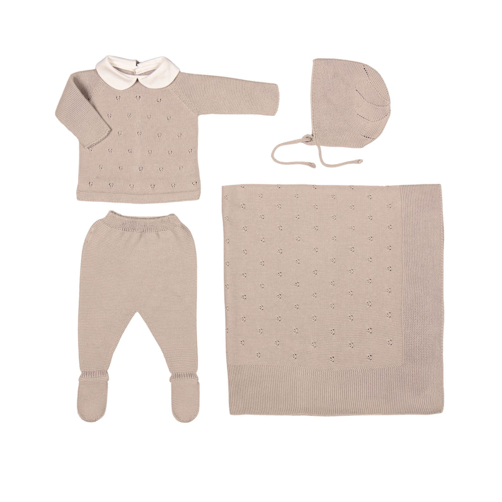 Beige cotton knit baby set by MILOU, perfect for infants and toddlers. Stylish and cozy ensemble for little ones.