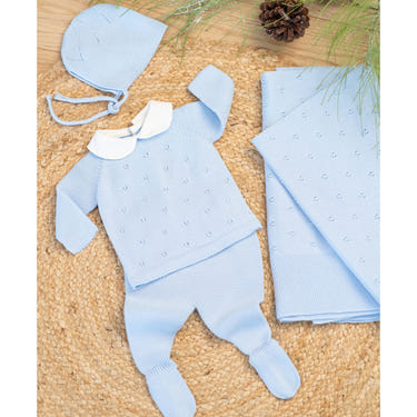 MILOU baby boys blue cotton knit set, stylish and comfy ensemble for infants and toddlers.